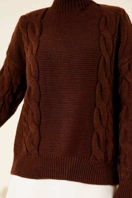 Örgü Detaylı Triko Kazak Kahve - Triko Kazak