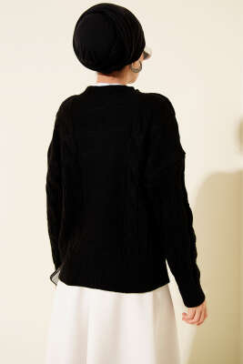 Örgü Detaylı Triko Kazak Siyah - Triko Kazak