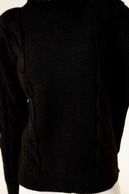 Örgü Detaylı Triko Kazak Siyah - Triko Kazak