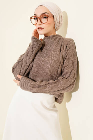 Örgü Detaylı Triko Kazak Vizon - Triko Kazak