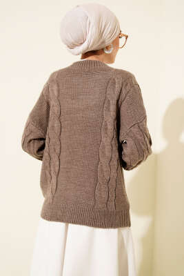 Örgü Detaylı Triko Kazak Vizon - Triko Kazak