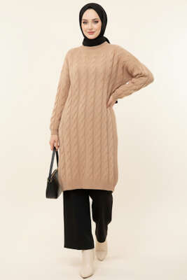 Örgü Detaylı Uzun Triko Tunik Camel 