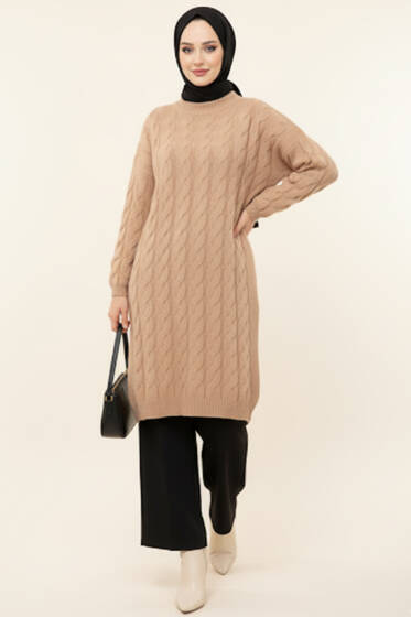 Örgü Detaylı Uzun Triko Tunik Camel - Tunik