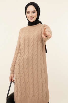 Örgü Detaylı Uzun Triko Tunik Camel - Tunik