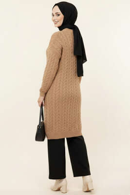 Örgü Detaylı Uzun Triko Tunik Camel - Tunik