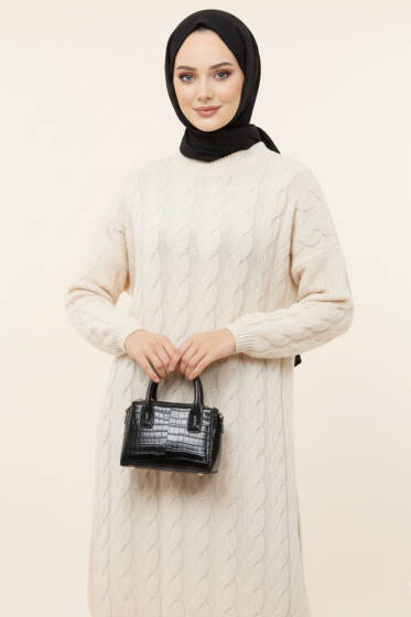 Örgü Detaylı Uzun Triko Tunik Ekru - Tunik