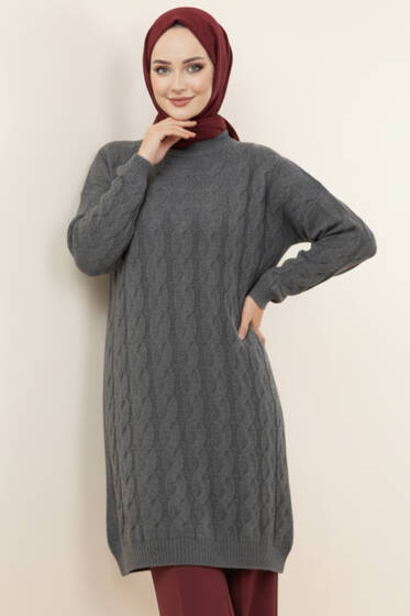 Örgü Detaylı Uzun Triko Tunik Füme - Tunik