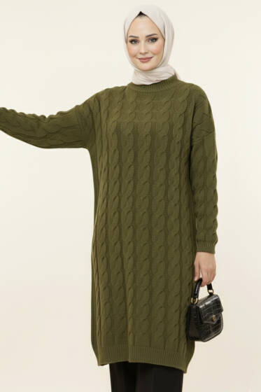 Örgü Detaylı Uzun Triko Tunik Haki - Tunik