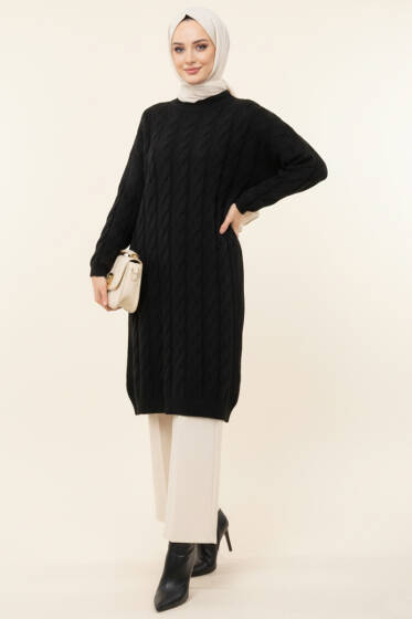 Örgü Detaylı Uzun Triko Tunik Siyah - Tunik