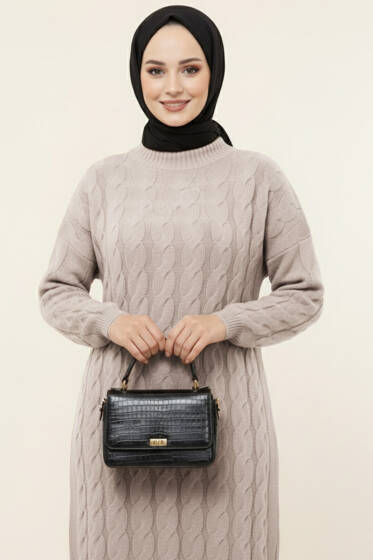 Örgü Detaylı Uzun Triko Tunik Taş - Tunik