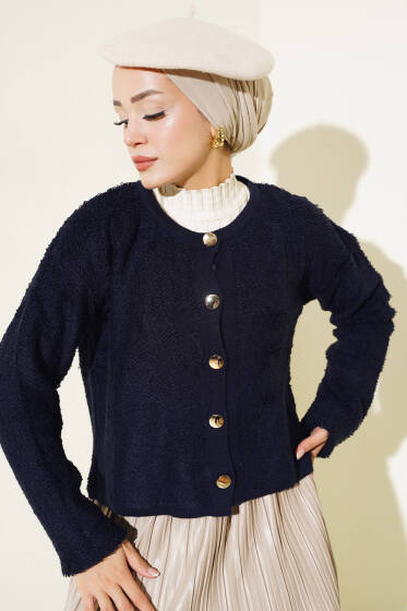 Örgü Düğmeli Kısa Hırka Lacivert - Triko