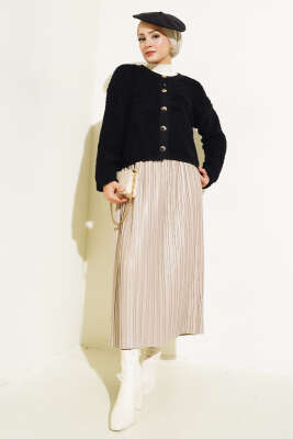 Örgü Düğmeli Kısa Hırka Siyah - Triko Hırka