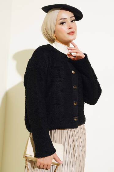 Örgü Düğmeli Kısa Hırka Siyah - Triko Hırka