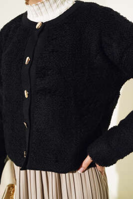 Örgü Düğmeli Kısa Hırka Siyah - Triko Hırka