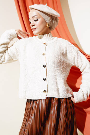 Örgü Düğmeli Kısa Hırka Taş - Triko