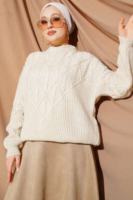 Örgü İşlemeli Triko Kazak Bej 