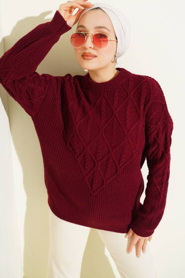 Örgü İşlemeli Triko Kazak Bordo - Triko Kazak