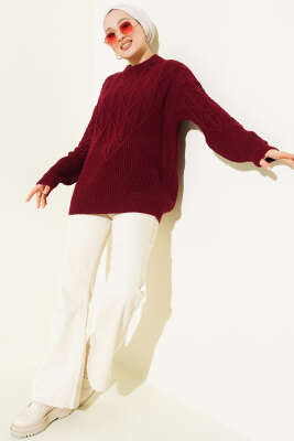 Örgü İşlemeli Triko Kazak Bordo - Triko Kazak