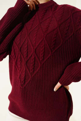 Örgü İşlemeli Triko Kazak Bordo - Triko Kazak
