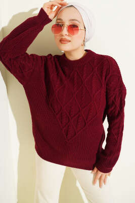 Örgü İşlemeli Triko Kazak Bordo 