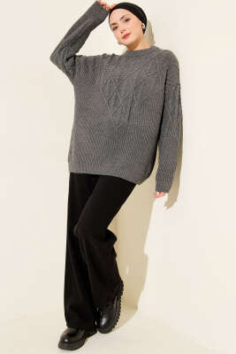 Örgü İşlemeli Triko Kazak Füme - Triko Kazak