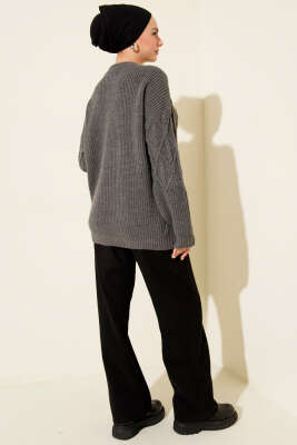 Örgü İşlemeli Triko Kazak Füme - Triko Kazak