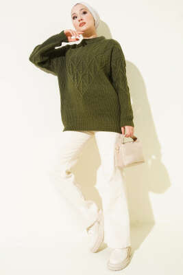 Örgü İşlemeli Triko Kazak Haki - Triko Kazak