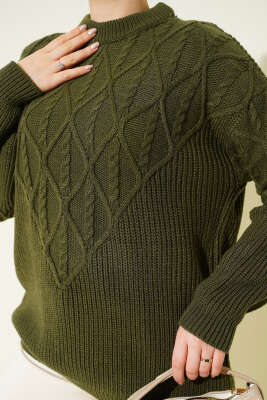 Örgü İşlemeli Triko Kazak Haki - Triko Kazak