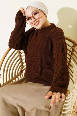 Örgü İşlemeli Triko Kazak Kahve - RAFİMİX