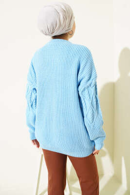 Örgü İşlemeli Triko Kazak Mavi - Triko Kazak