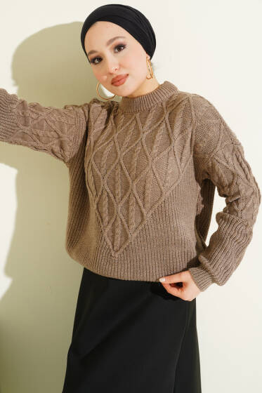 Örgü İşlemeli Triko Kazak Vizon - Triko Kazak