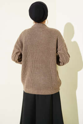 Örgü İşlemeli Triko Kazak Vizon - Triko Kazak