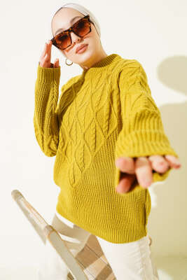 Örgü İşlemeli Triko Kazak Yağ Yeşili - RAFİMİX