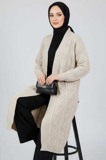 Örgü Kabartma Desenli Uzun Triko Hırka Bej - Hırka
