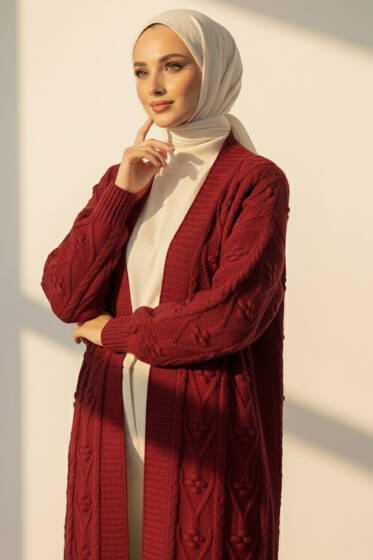 Örgü Kabartma Desenli Uzun Triko Hırka Bordo - Hırka