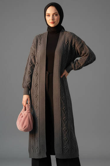 Örgü Kabartma Desenli Uzun Triko Hırka Füme - Hırka