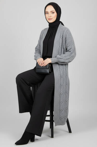 Örgü Kabartma Desenli Uzun Triko Hırka Gri - Hırka