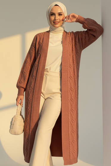 Örgü Kabartma Desenli Uzun Triko Hırka Gül Kurusu - Hırka