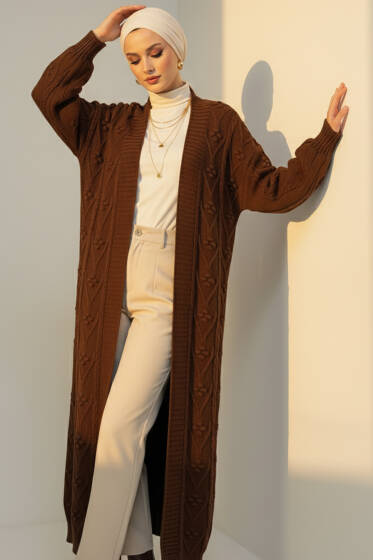 Örgü Kabartma Desenli Uzun Triko Hırka Kahve - Hırka