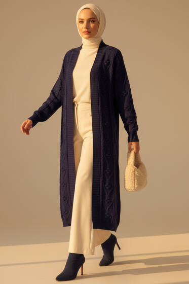 Örgü Kabartma Desenli Uzun Triko Hırka Lacivert - Hırka