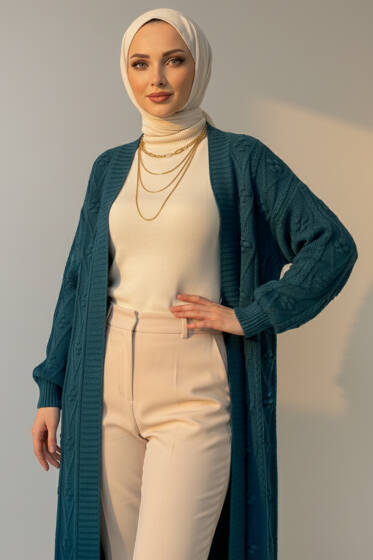 Örgü Kabartma Desenli Uzun Triko Hırka Petrol - Hırka