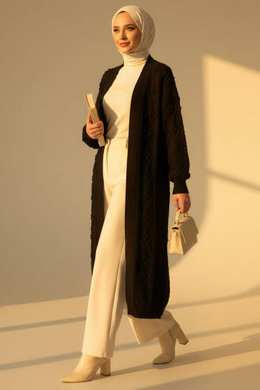 Örgü Kabartma Desenli Uzun Triko Hırka Siyah - Hırka