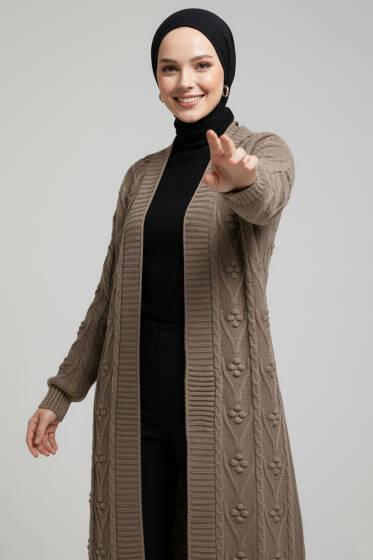 Örgü Kabartma Desenli Uzun Triko Hırka Vizon - Hırka