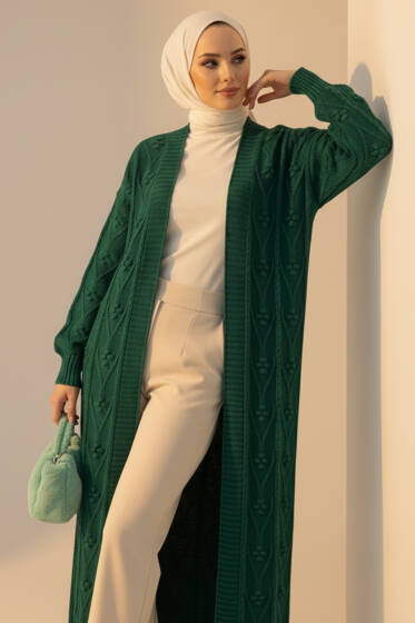 Örgü Kabartma Desenli Uzun Triko Hırka Zümrüt - Hırka