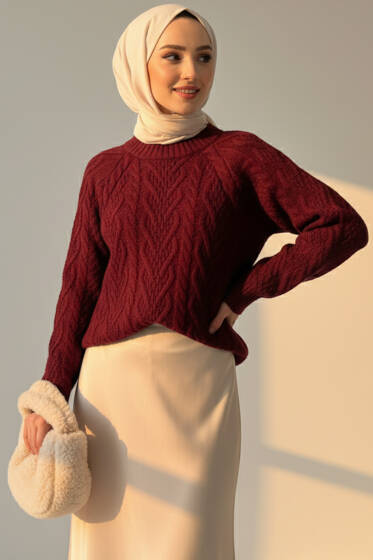 Örgü Kabartmalı Triko Kazak Bordo - Triko Kazak