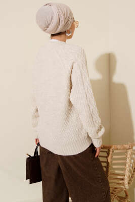 Örgü Kabartmalı Triko Kazak Ekru - Triko Kazak