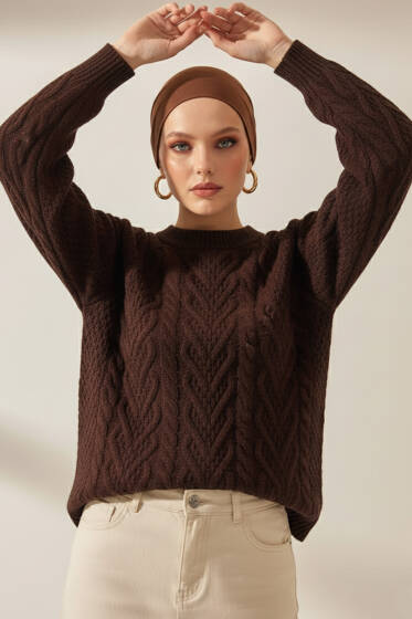Örgü Kabartmalı Triko Kazak Kahve - Triko Kazak