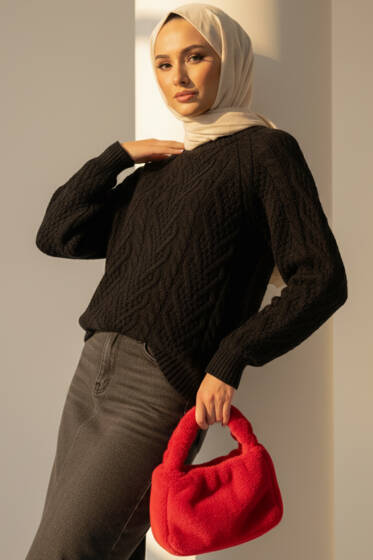 Örgü Kabartmalı Triko Kazak Siyah - Triko Kazak