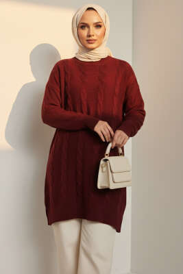 Örgü Kabartmalı Yumoş Triko Tunik Bordo - Tunik