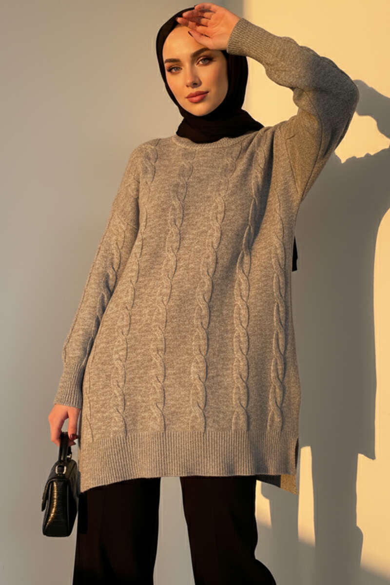 Örgü Kabartmalı Yumoş Triko Tunik Gri